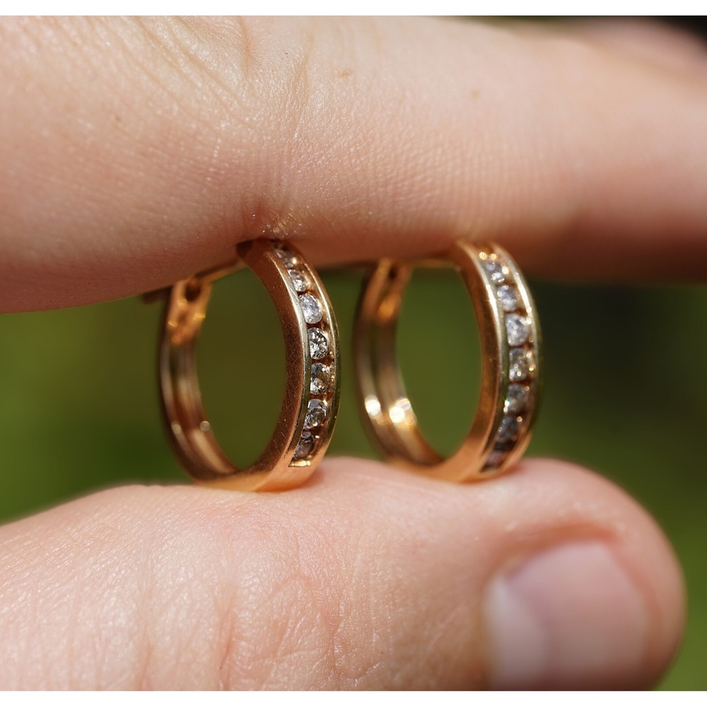 Vintage 14k Solid Yellow Gold Channel Diamond Small Hoop‎ Earrings - Huggies